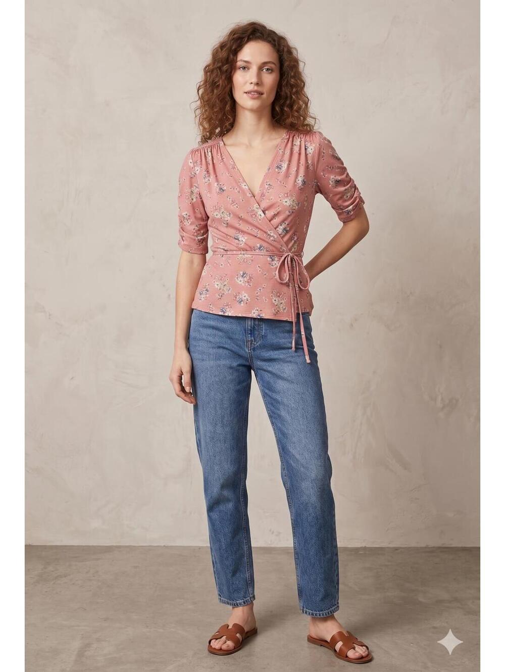 Topshop Floral Ruched-Sleeve Wrap Top – Size 6